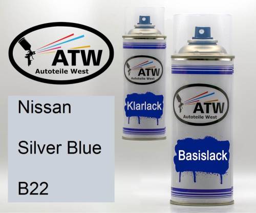 Nissan, Silver Blue, B22: 400ml Sprühdose + 400ml Klarlack - Set, von ATW Autoteile West.